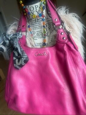 Coach Hot Pink Leather Shoulder Bag with Scarf Accent